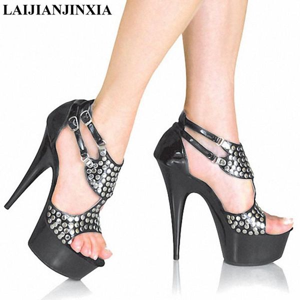 

rivets with cutout the temptation of sandals 15cm ultra high thin heels shoes gothic high-heeled, Black