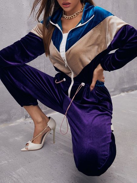 

chevron print colorblock drawstring waist velvet jumpsuit m4hv#, White