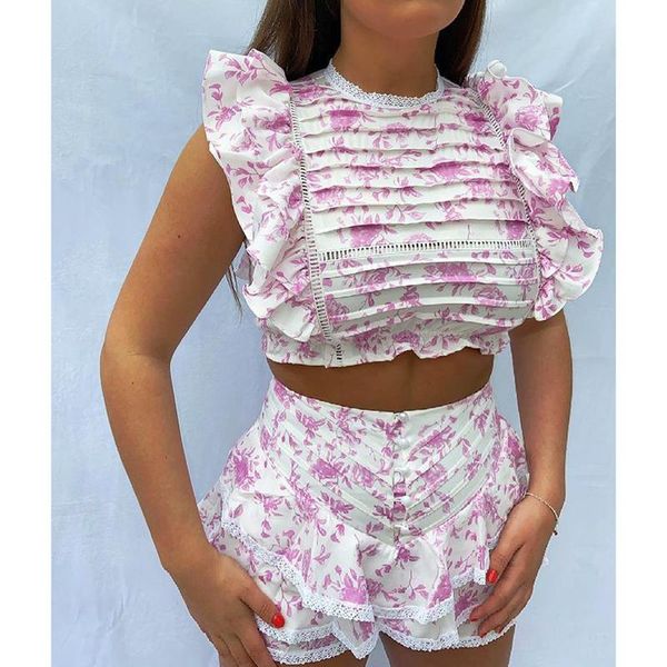 

women's tracksuits zoepo printed hollow out suits women fashion o neck flying sleeve suit elegant ruffles shorts female ladies, Gray