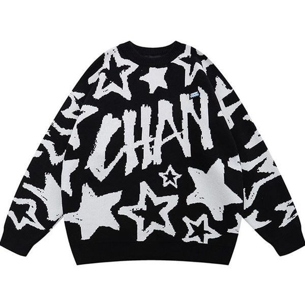 

men's sweaters teenager stars letter jacquard men american preppy crew neck knitted pullover couple street lazy hip hop loose clothing, White;black