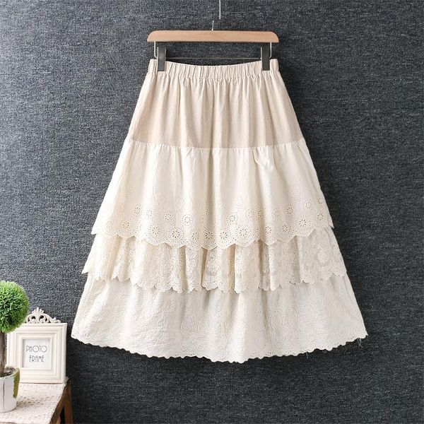 

skirts spring solid embroidery cotton women skirt japan style elastic waist cake casual wear, Black