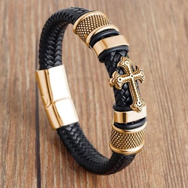 

bangle men's classic bracelet casual rock party jewelry black braided leather gold cross magnetic