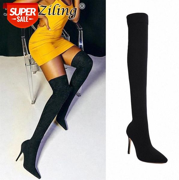 

deleventh european and american over-the-knee boots women's pointed stretch cloth stiletto high-heel socks #ul67, Black
