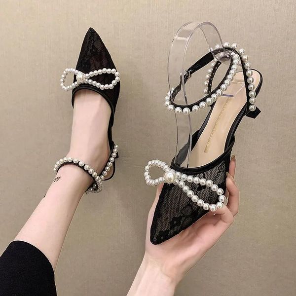 

sandals black mesh breathable one-line buckle strap fashion string bead hollow peep-toe high heels luxury women party shoes