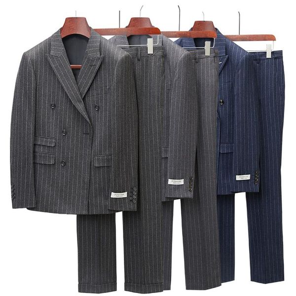 

men's suits & blazers double breasted for men gray navy blue striped gentleman male suit two pieces mens grooming latest coat pant desi, White;black
