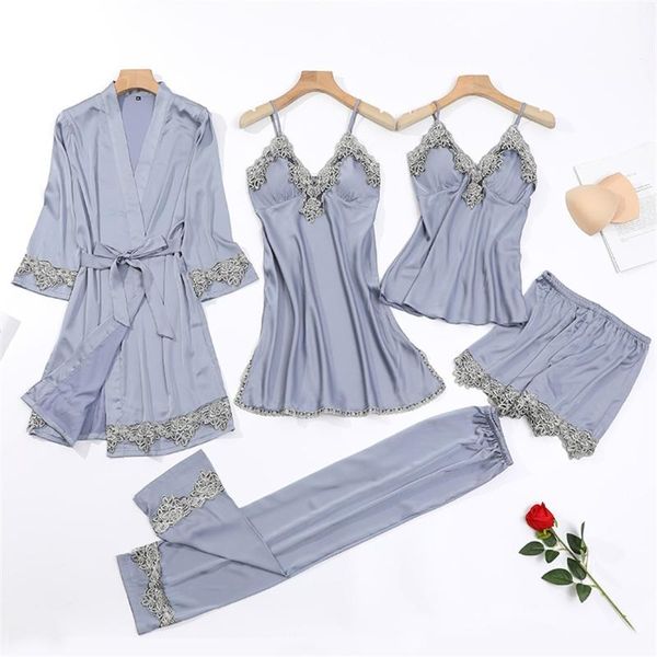 

women's sleepwear nightwear women 5pcs satin bathrobe v-neck robe suit spring home clothes kimono gown lounge sleep set, Black;red