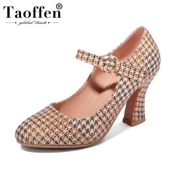 

dress shoes taoffen women plaid pumps spring office heels party buckle footwear size 34-45, Black