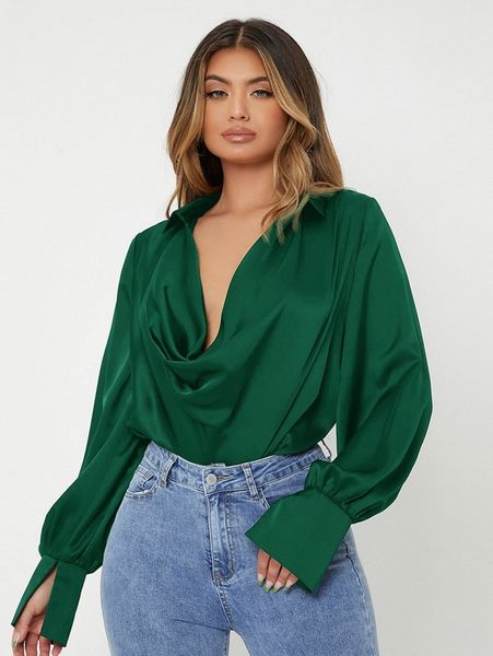 

sxy cowl neck lantern sleeve satin 016w#, White