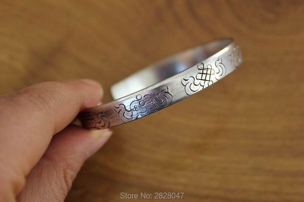 

ethnic tibetan silver eight auspicious signs 8mm wide open bracelets for women bangle, Black