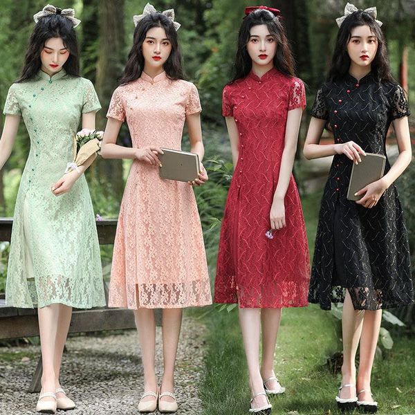

ethnic clothing elegant qipao dress chinese style fashion vintage lace slim fit plus size short sleeve evening cheongsam dresse, Red