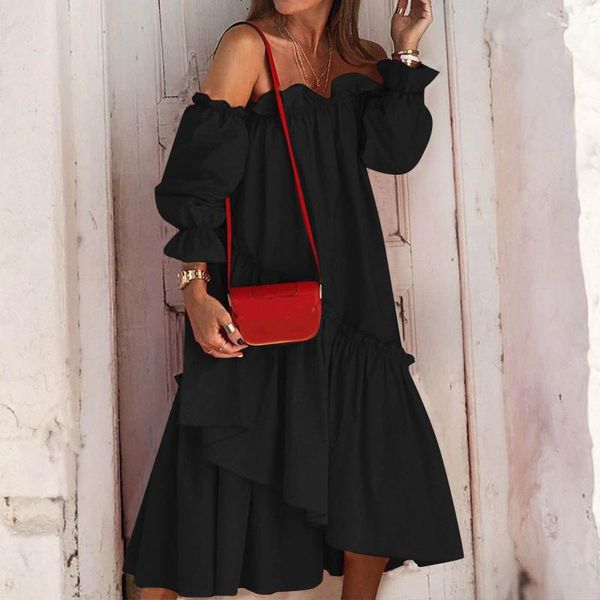 

#s0 off shoulder irregular long dress women solid color flare sleeve beach summer sundress maxi vestido casual dresses, Black;gray