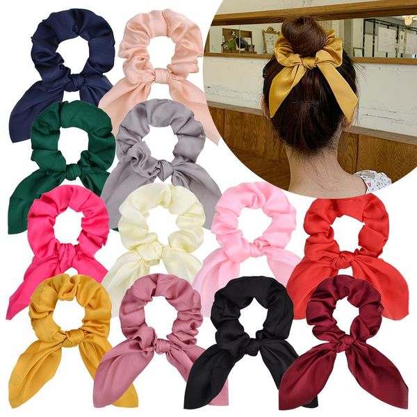 Neue Mode 12 Farben 4 Zoll INS Mädchen Kaninchen Satin Scrunchies Elastische Haarbänder Pferdeschwanz Halter Haar Scrunchy Frauen Haar Zubehör