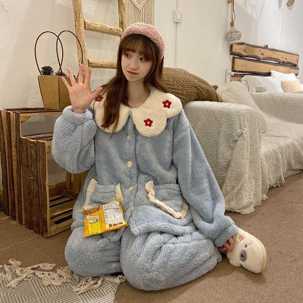 

pajama bell winter korean women sleepwear style cute cardigan pajamas loose nightgown coral fleece home service suit set, Black;red