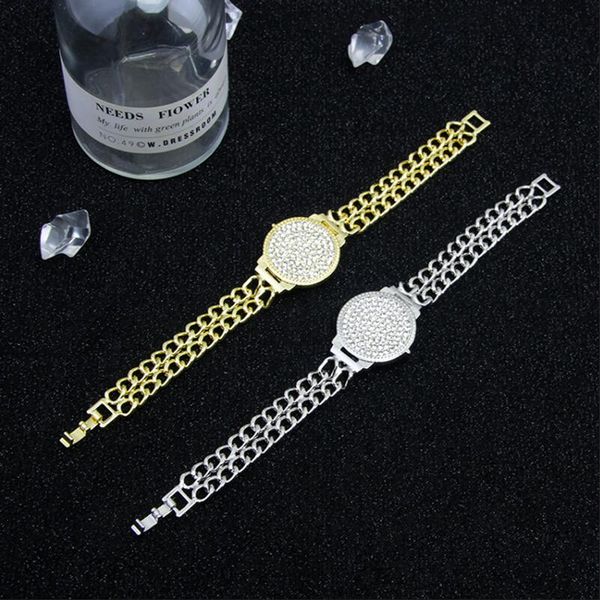 

new girl hip-hop rhinestone dial watch double row chain bracelet snap bracelet luxury bracelet accessory gift, Black