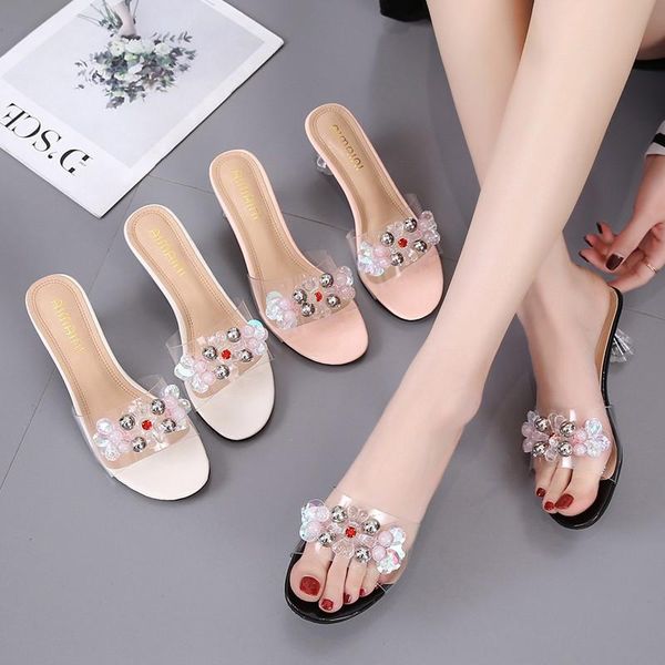 

clear transparent pearl crystal ladies shoes mules summer slippers female slides spike high heels women woman, Black