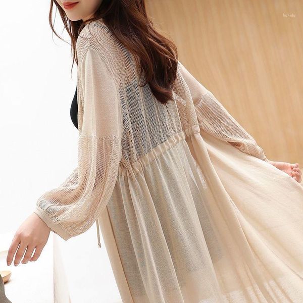 

spring summer women long knitted cardigan sweater solid long-sleeve sun protection clothing thin shawl jacket x48 women's jackets, Black;brown