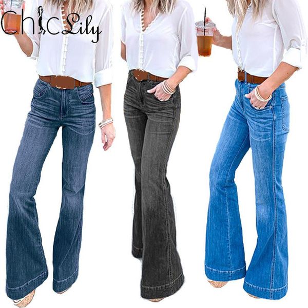 

chiclily denim jeans slim flare pants mid waist full length trousers women vintage jeggings women's, Blue