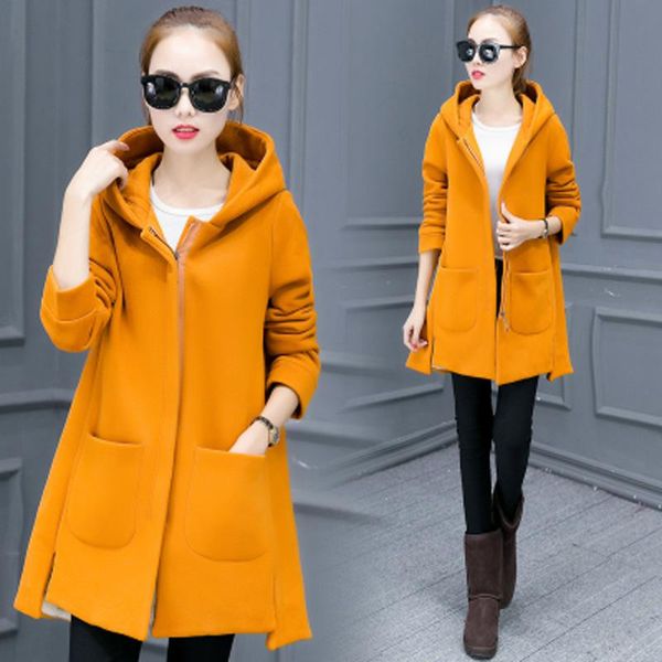 

women's trench coats elegant women hooded plus size windbreaker yellow red pink 2021 winter long woolen coat robe cardigan velvet warm, Tan;black
