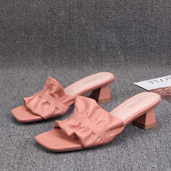 

slippers shoes woman 2021 square heel med casual pantofle block luxury pu elegant slides rubber strange style fashion rome b, Black