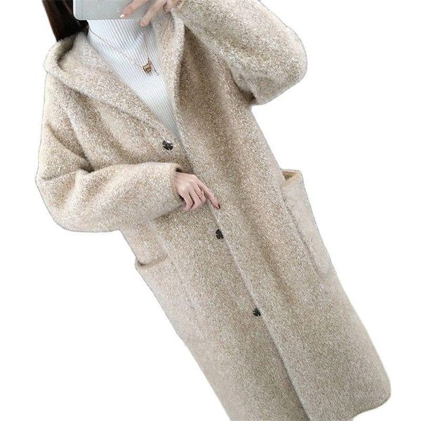 

women's wool & blends woolen outwear female large size mink fleece women 2021jacket autumn winter coat loose overcoat dot mid-length ca, Black