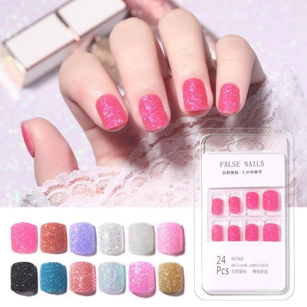 

false nails 24pcs manicure fingernails reuseable diy sugar glitter square short fake shiny gelnails, Red;gold