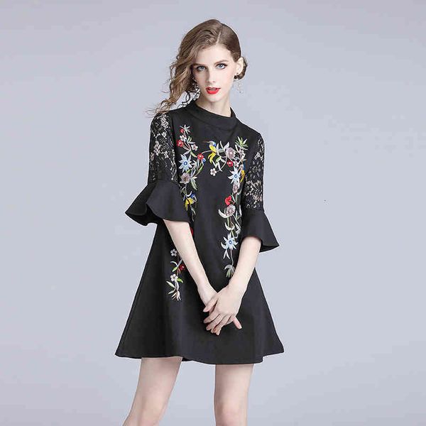 

dress autumn mode flower luxury fashion women in elegant party patchwork fine a-line dressed midi g6p4, Black;gray