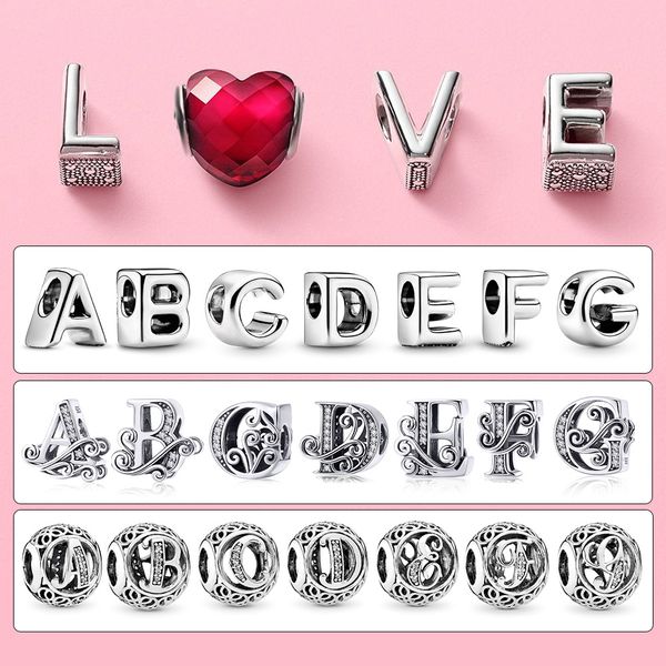 

925 sterling zilver charm 26 letters a-z charm bead fit pandora armband voor vrouwen mode diy sieraden gift, Bronze;silver