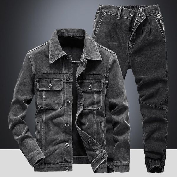 

men's tracksuits denim jacket jeans 2pcs set black color single breasted casual coat trousers slim fit cool boys sets large size -4xl, Gray