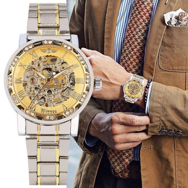 

wristwatches keller & weber 2021 fashion men's wristwatch steel band gold shell hollow rhine manual mechanical watch, Slivery;brown