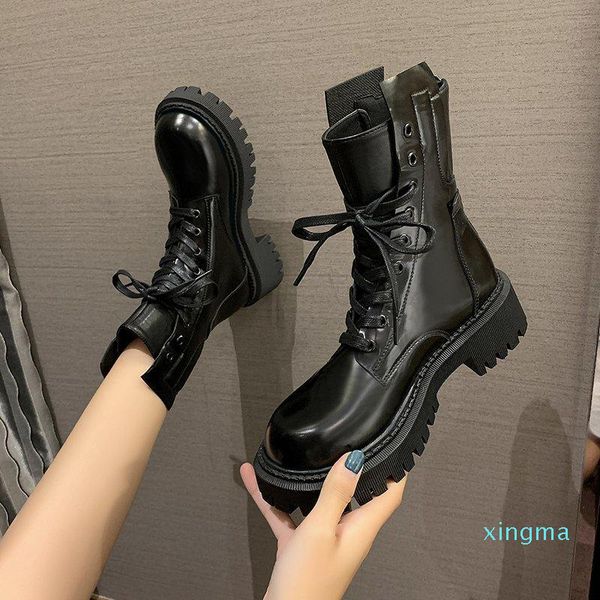 

boots female autumn winter british style black ankle woman women pu leather platform