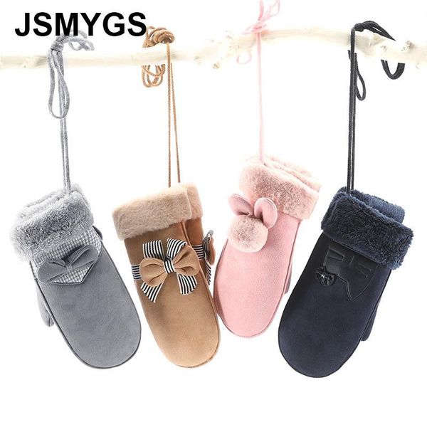 

fingerless gloves jsmygs winter women plus velvet thicken hanging-neck ladies warm bow full finger driving suede mittens girls cute korean, Blue;gray