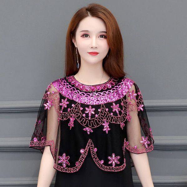 

women's jackets summer vintage women beaded sequin shawl casual o-neck half sleeveless cape mesh embroidery female lace shirt, Black;brown