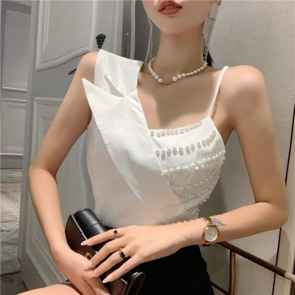 

lady bead work sleeveless bloues woman pearl femme irregualr shirts office women's blouses &, White