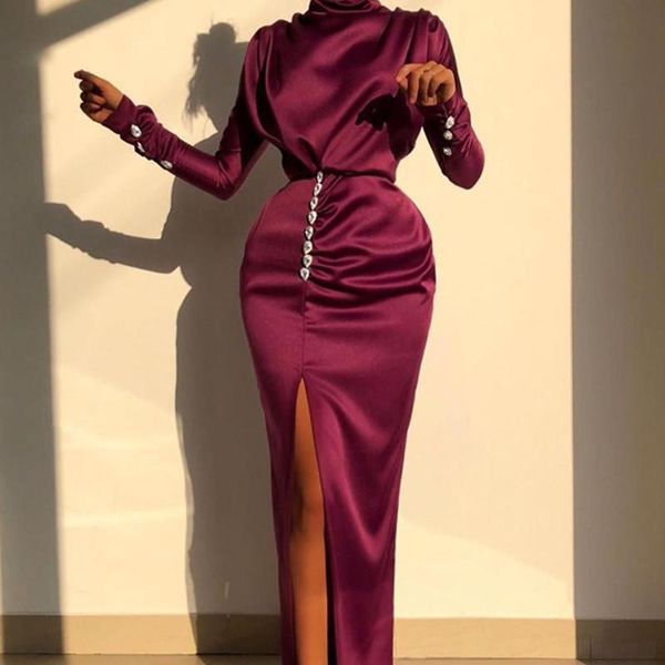 

casual dresses wsevypo elegant women turtleneck pleated wrapped dress chic party vestidos long sleeve high waist split draped maxi autumn, Black;gray