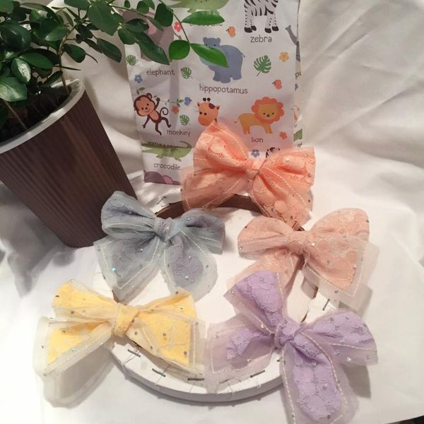 

korean version of lace mesh hand tie bow hairpin girls hair accessories clips for women, Slivery;white