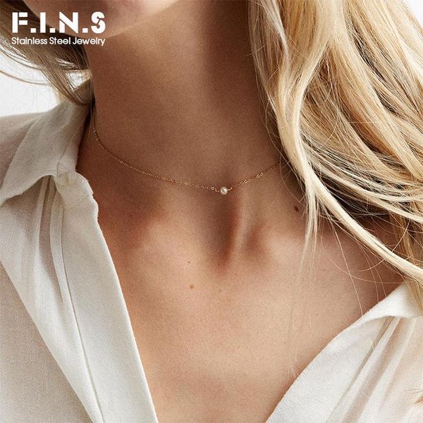 

pendant necklaces f.i.n.s dainty stainless steel necklace for women three-tones chain minimalism simulated-pearl, Silver