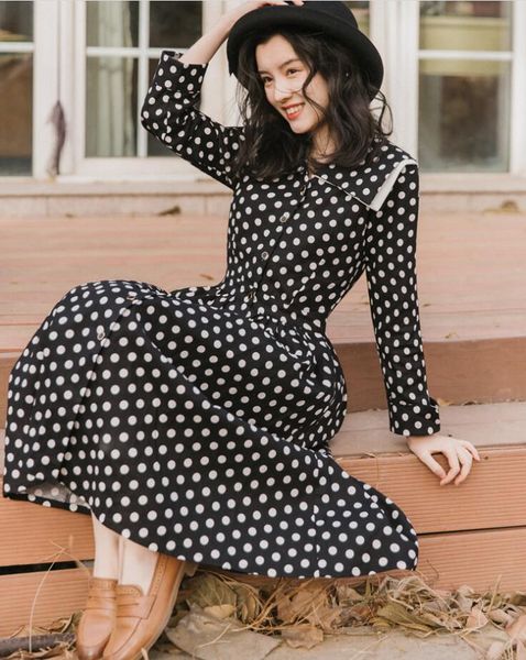 

casual dresses vintage elegant a-line dress single breasted long sleeve polka dot black swing autumn women party, Black;gray