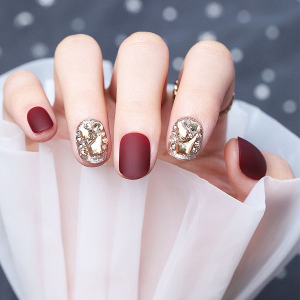 

al0012 wear diamond inlaid red false finished nail tool nail patch, Red;gold