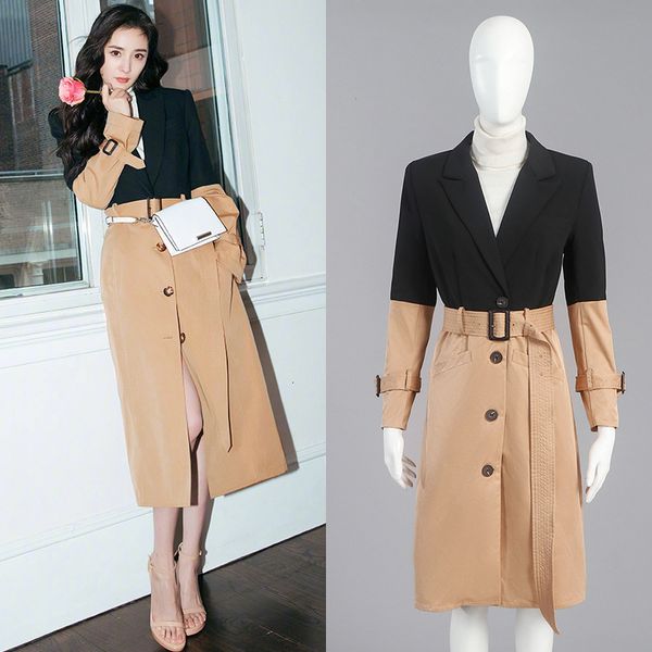 

women two colors spliced turn-down collar single breasted long coat ol windbreaker outwear p-210, Black