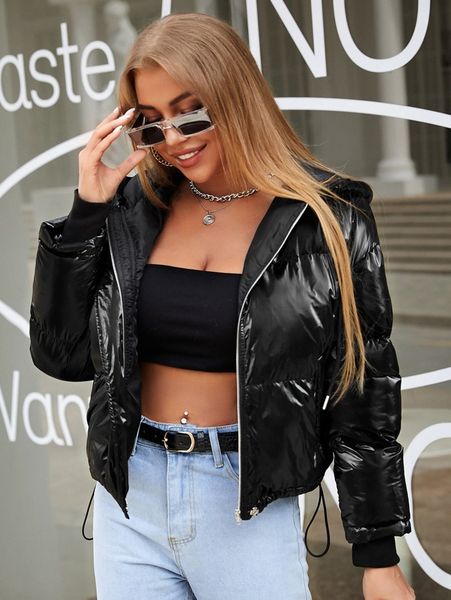 

zip up drawstring hem hooded puffer winter coat b3aq#, Black