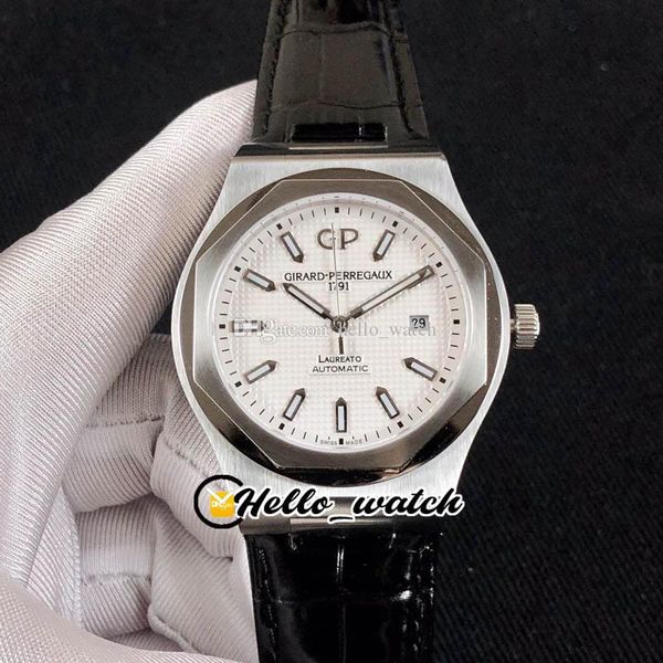 Limited 40 мм GP Laureato Miyota Автоматические мужские часы Mens 81005-11-131-BB6A Белая текстура циферблат сталь Чехол Черный Кожаный Ремешок Спортивные Часы Hello_Watch 03a (1)