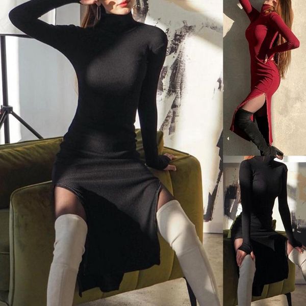 

casual dresses thumb hole autumn spring women turtleneck midi dress solid high split zip bodycon femme loose 2021, Black;gray