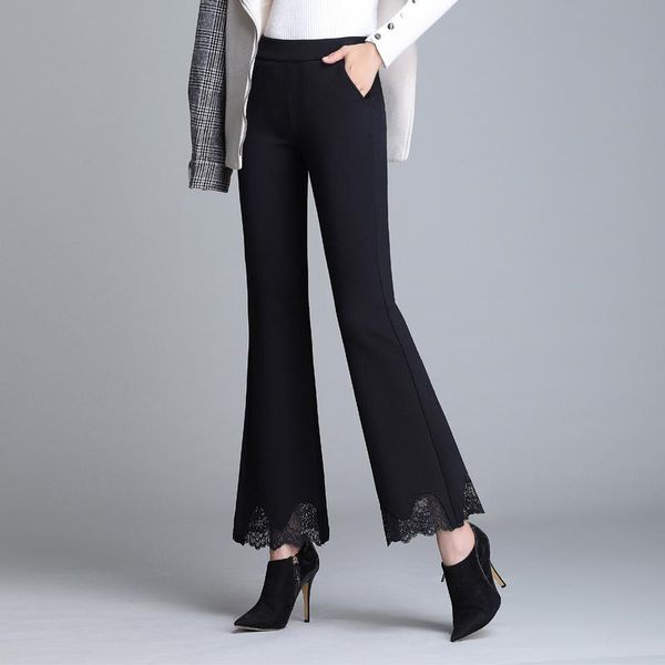 

women's pants & capris autumn winter trousers for women thick warm lace patchwork high waist fleece split flare three styles choose, Black;white