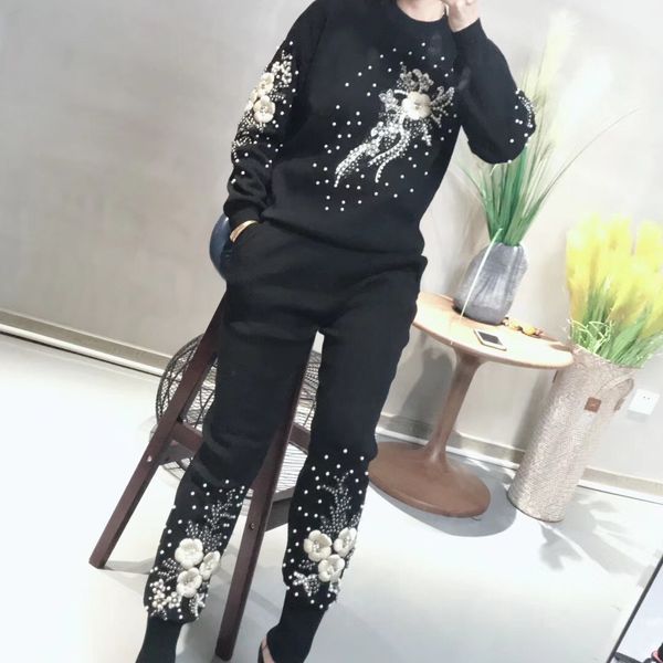 

tracksuits fashion sport suit autumn and winter 2021 heavy industry embroidered beaded two piece knitted for women, Gray