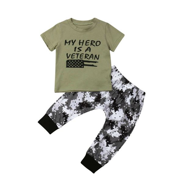 

kids baby boy clothing t-shirt +camouflage pants summer cotton outfits set, White