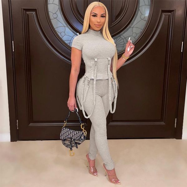

women's two piece pants hovanch casual short sleeve lace up stitching o-neck set 2021 autumn fashion sportswear, White