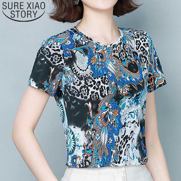 

summer short sleeve o-neck print blouse 4xl large size women loose slim elastic shirt female chic blusas mujer 9062 210527, White