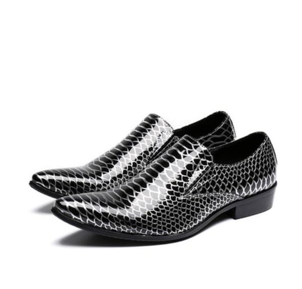 

men's leather business shoes with bright print and pointed flats, size: 37-48, white, Black