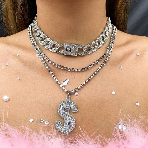 

pendant necklaces vintage multi-layer luxury rhinestone claw chain necklace for women men hip hop cuban dollar sign jewelry, Silver