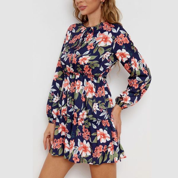 

casual dresses 2021 autumn broken flowers mini dress women spring o-neck long sleeve receive waist fashion woman party, Black;gray